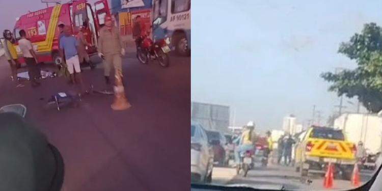 A imagem, retirada de dois vídeos diferentes, mostra o local do acidente e o corpo da vítima na pista da BR-316 (Foto: Reprodução | Redes sociais)